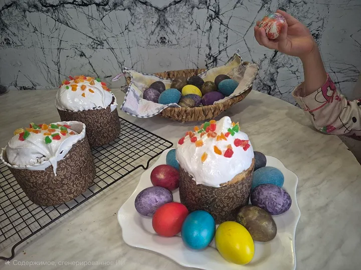 Куличи на столе, украшенные гоголь-моголем и цукатами.